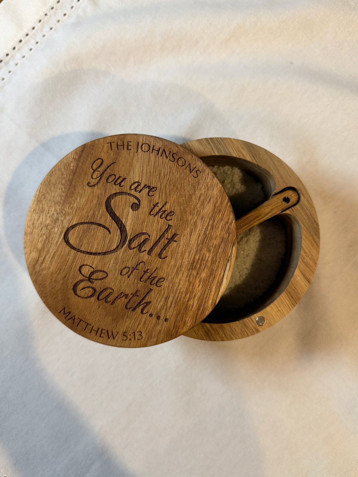 Engraved Acacia Wood Salt Cellar