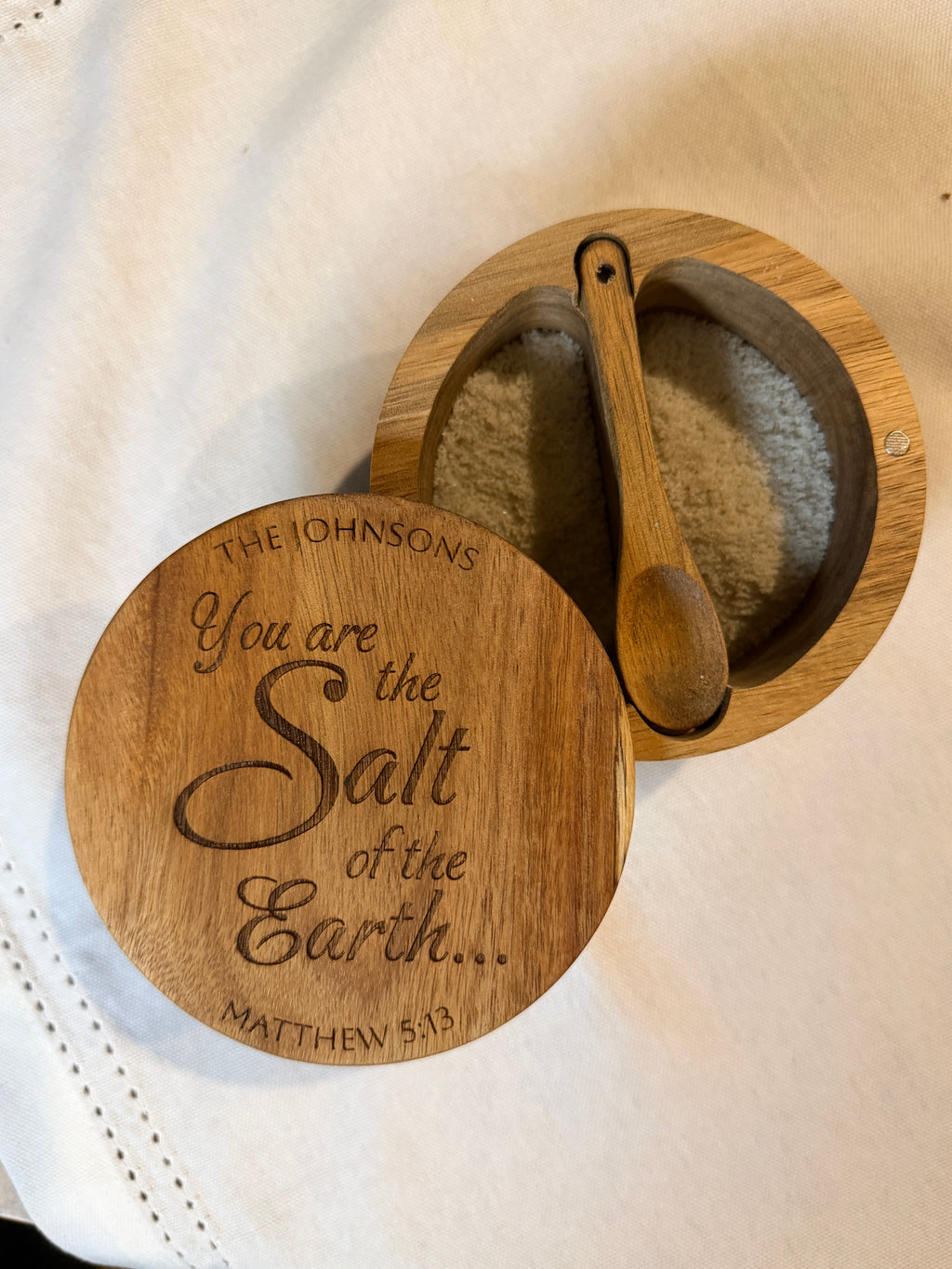Engraved Acacia Wood Salt Cellar