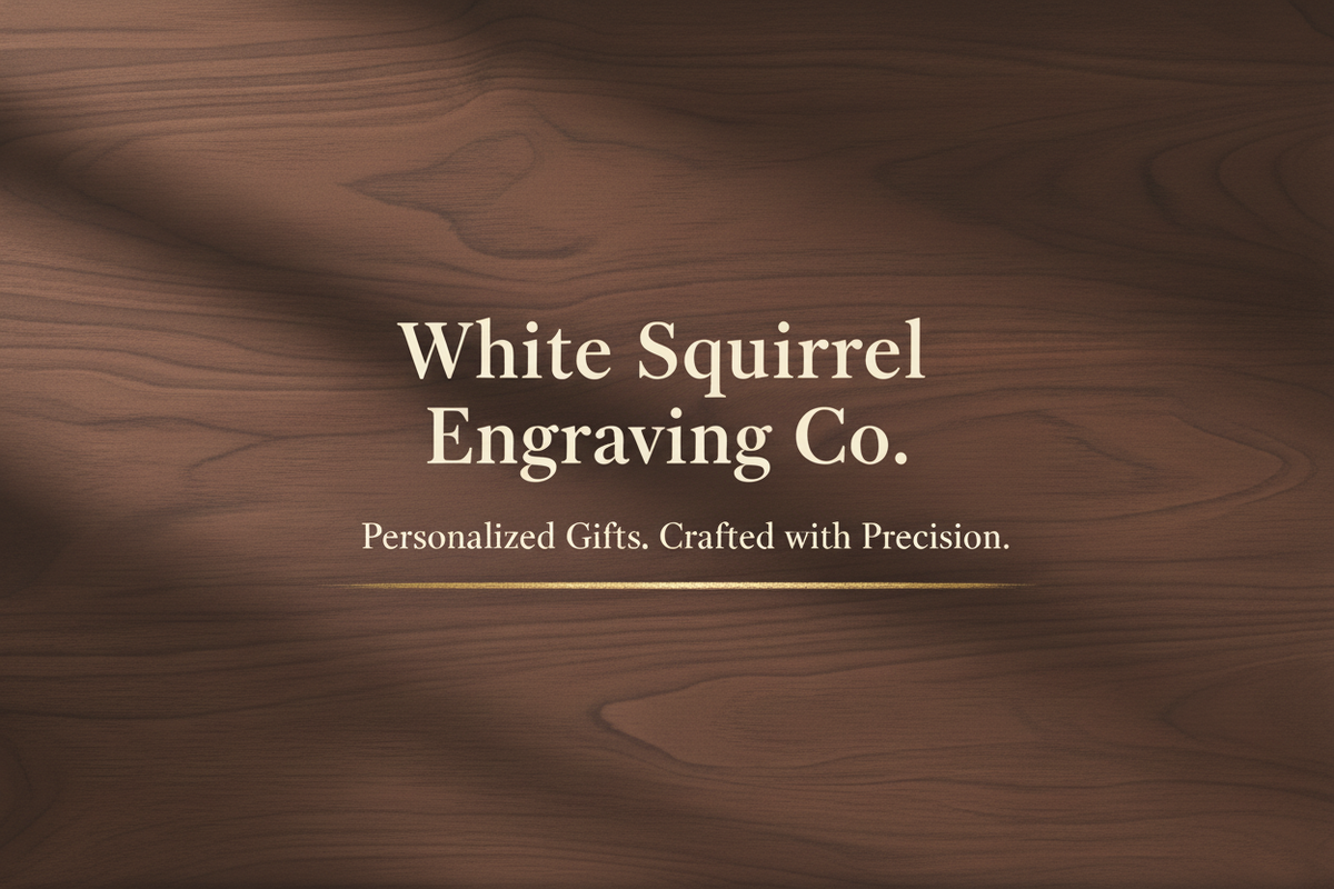 White Squirrel Engraving Co Hero Banner — Walnut Wood Grain